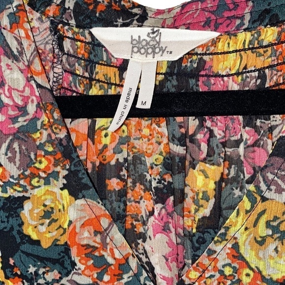 Black Poppy Pacsun V Neck Dolman Sleeve Patchwork Print Peasant Blouse Sz M - Picture 2 of 7